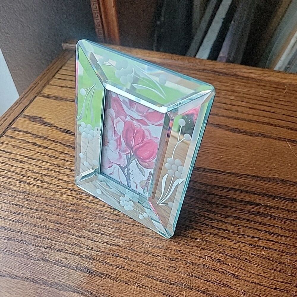 Vtg Beveled Venetian Style Etched Mirror Glass Picture Photo Frame 2x3" cottage